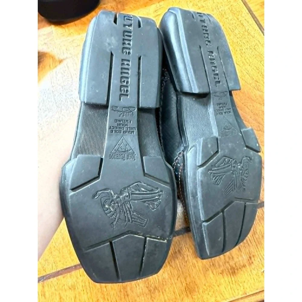 John Fluevog Mens 8 Future Angel Black‎ Leather Orange Stitch Square Toe Shoes